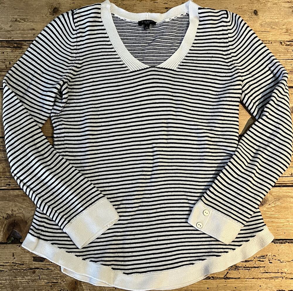 Talbots womens knit sweater petite black and white striped pattern